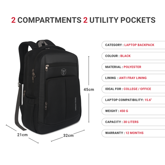 URBAN TRIBE Chrono 30L Laptop Backpack for Men Women Boys and Girls | Lightweight 450g | Fits 15.6” Laptop