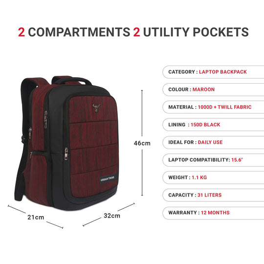 URBAN TRIBE Rumble Laptop Backpack for Men & Women with Rain Cover & Lunch Bag