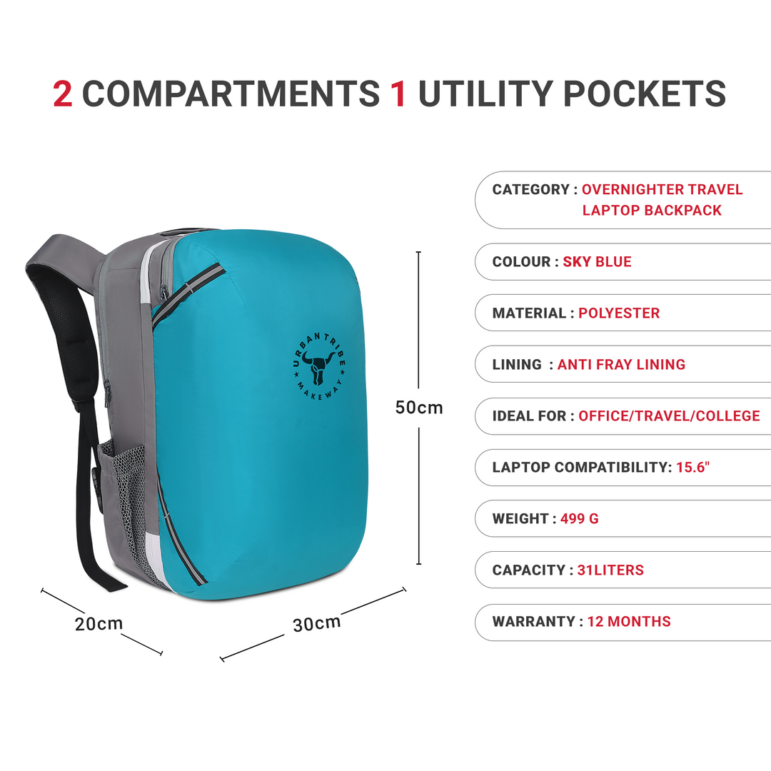 URBAN TRIBE Amigo 31L Overnighter Travel Laptop Backpack with Suitcase Compartment