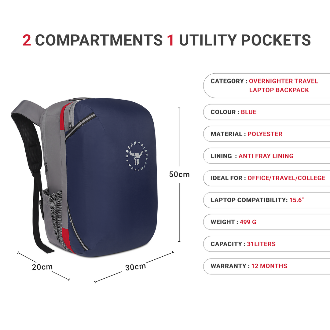 URBAN TRIBE Amigo 31L Overnighter Travel Laptop Backpack with Suitcase Compartment