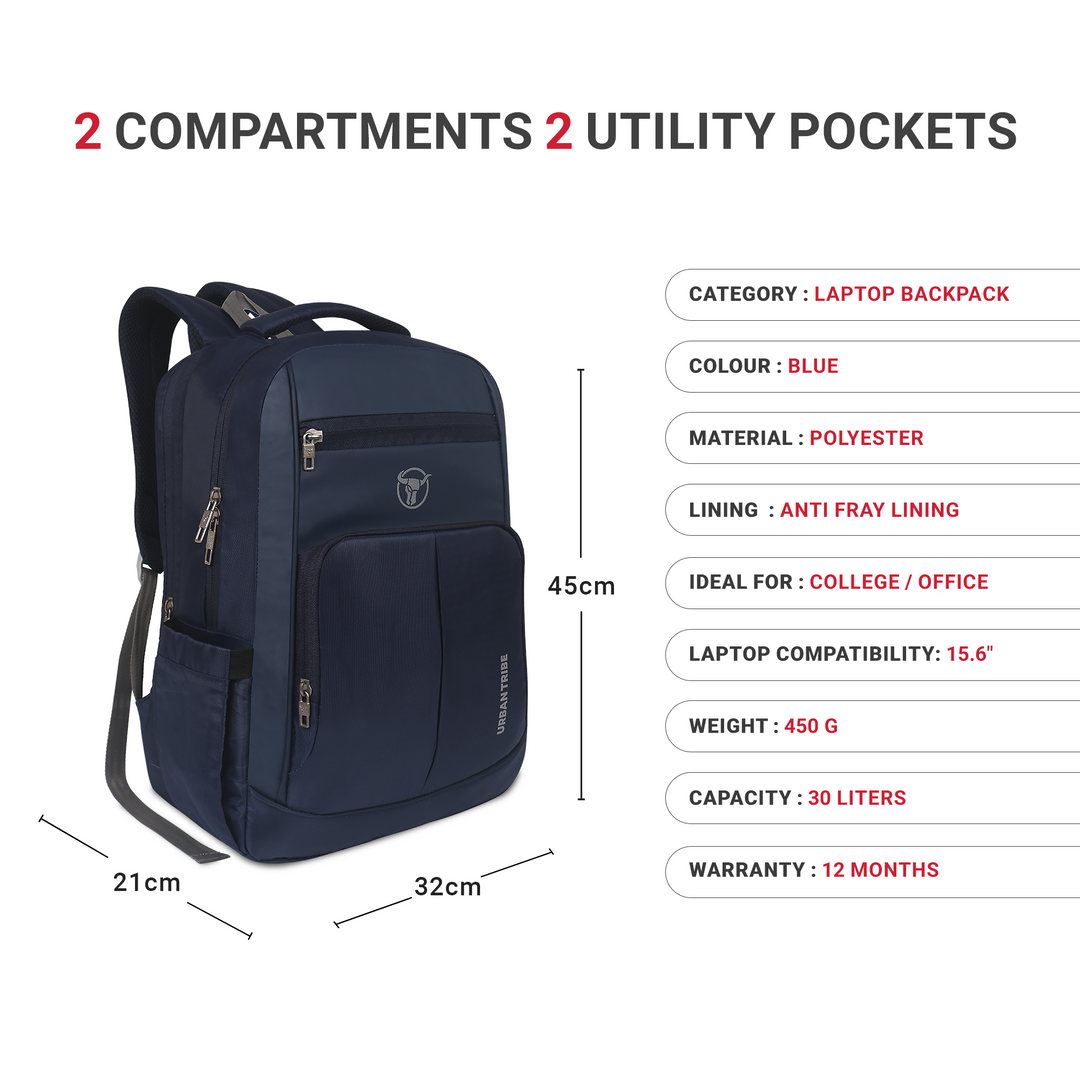 URBAN TRIBE Chrono 30L Laptop Backpack for Men Women Boys and Girls | Lightweight 450g | Fits 15.6” Laptop