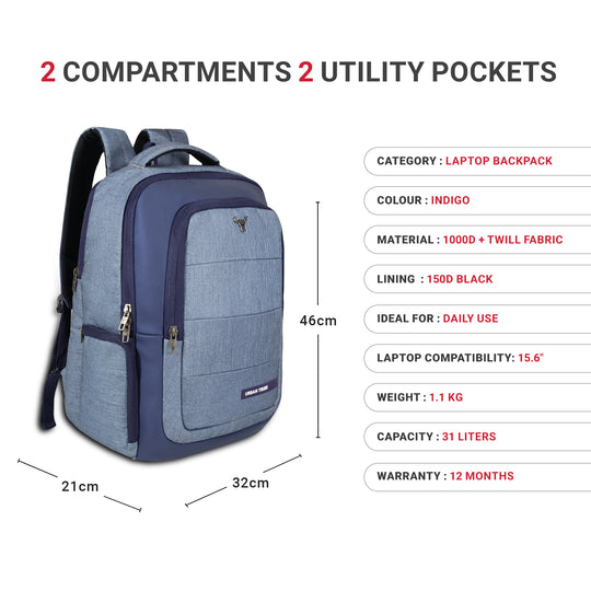 URBAN TRIBE Rumble Laptop Backpack for Men & Women with Rain Cover & Lunch Bag