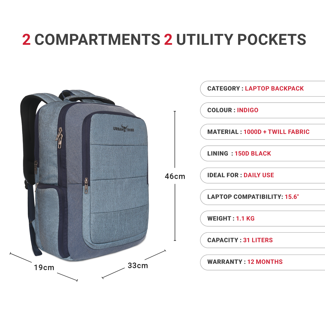 URBAN TRIBE Rumble Laptop Backpack for Men & Women with Rain Cover & Lunch Bag