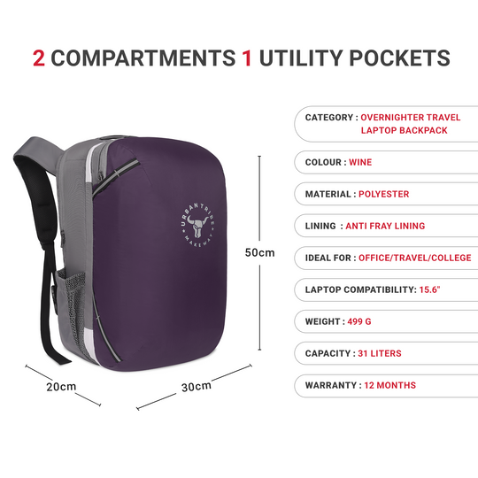 URBAN TRIBE Amigo 31L Overnighter Travel Laptop Backpack with Suitcase Compartment