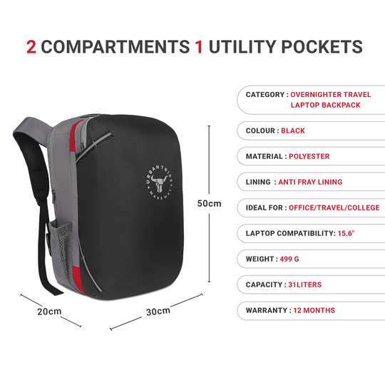 URBAN TRIBE Amigo 31L Overnighter Travel Laptop Backpack with Suitcase Compartment