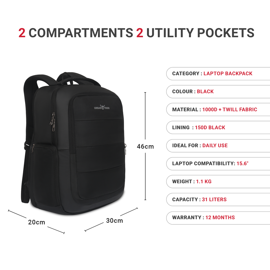 URBAN TRIBE Rumble Laptop Backpack for Men & Women with Rain Cover & Lunch Bag